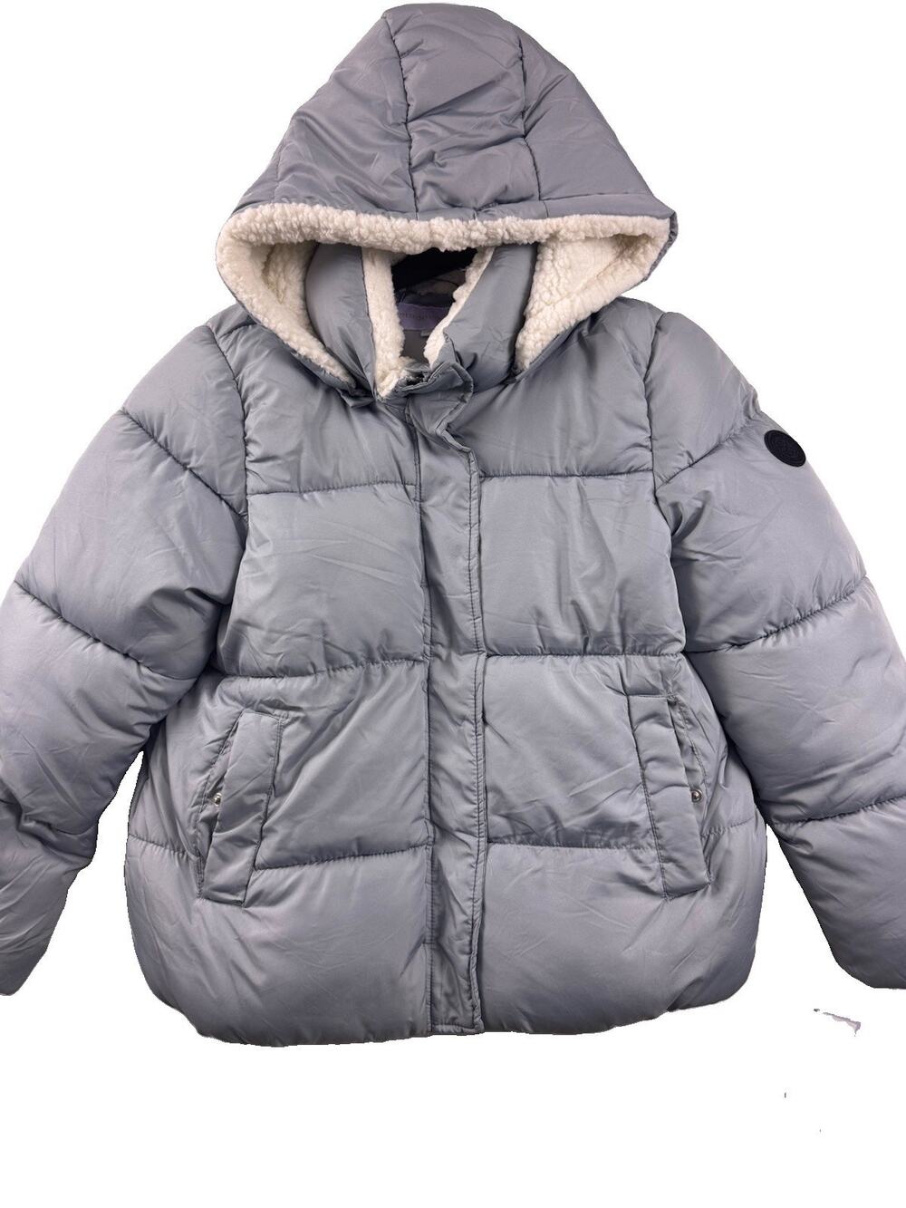 Madden Girl Puffer Jacket Women’s Gray Quilted Sherpa Hood NWT Size L
